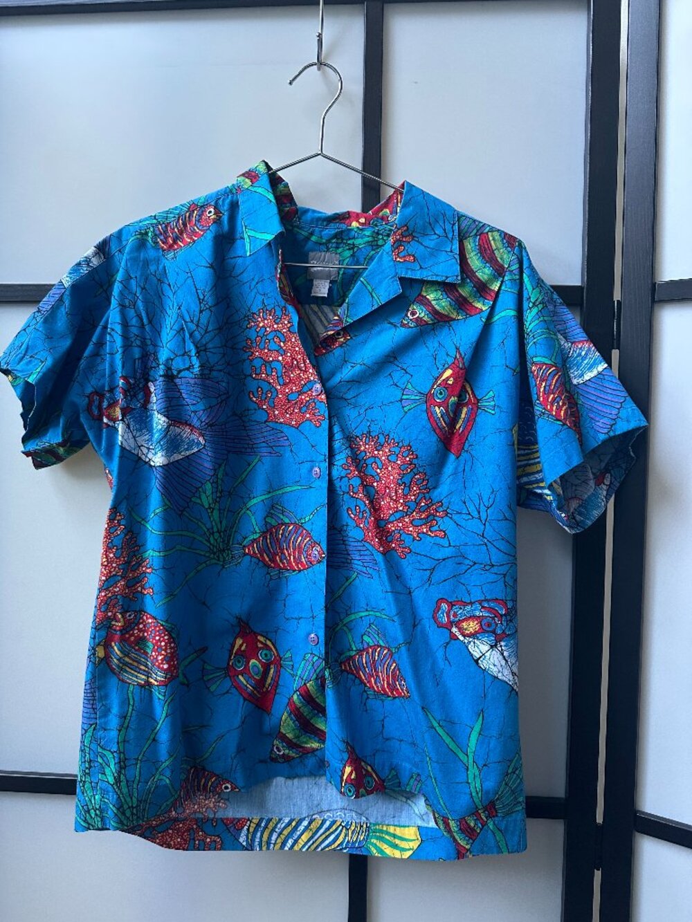 Vintage Merona Camp Tropical Fish Button Up Shirt Blue 100% Cotton - Mens Small